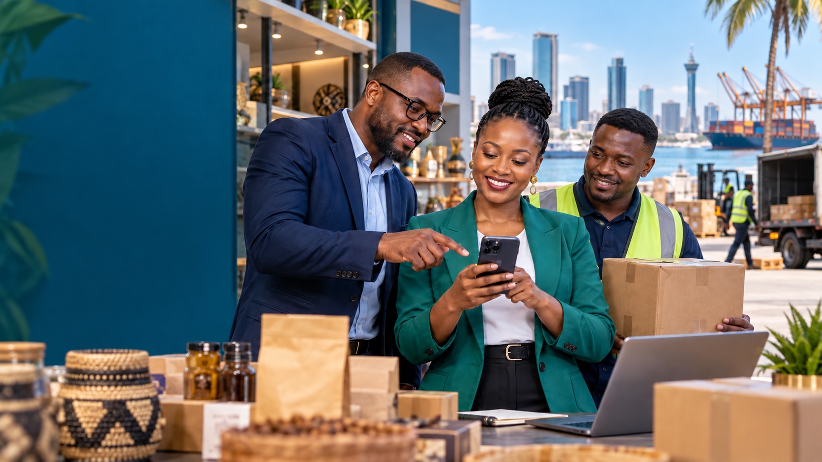 African business professionals using Bida beside a working harbor