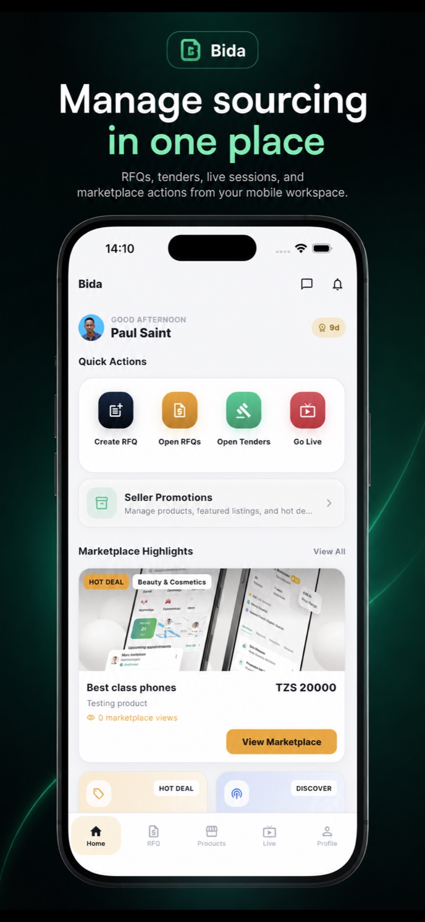 Bida mobile dashboard for sourcing and marketplace work