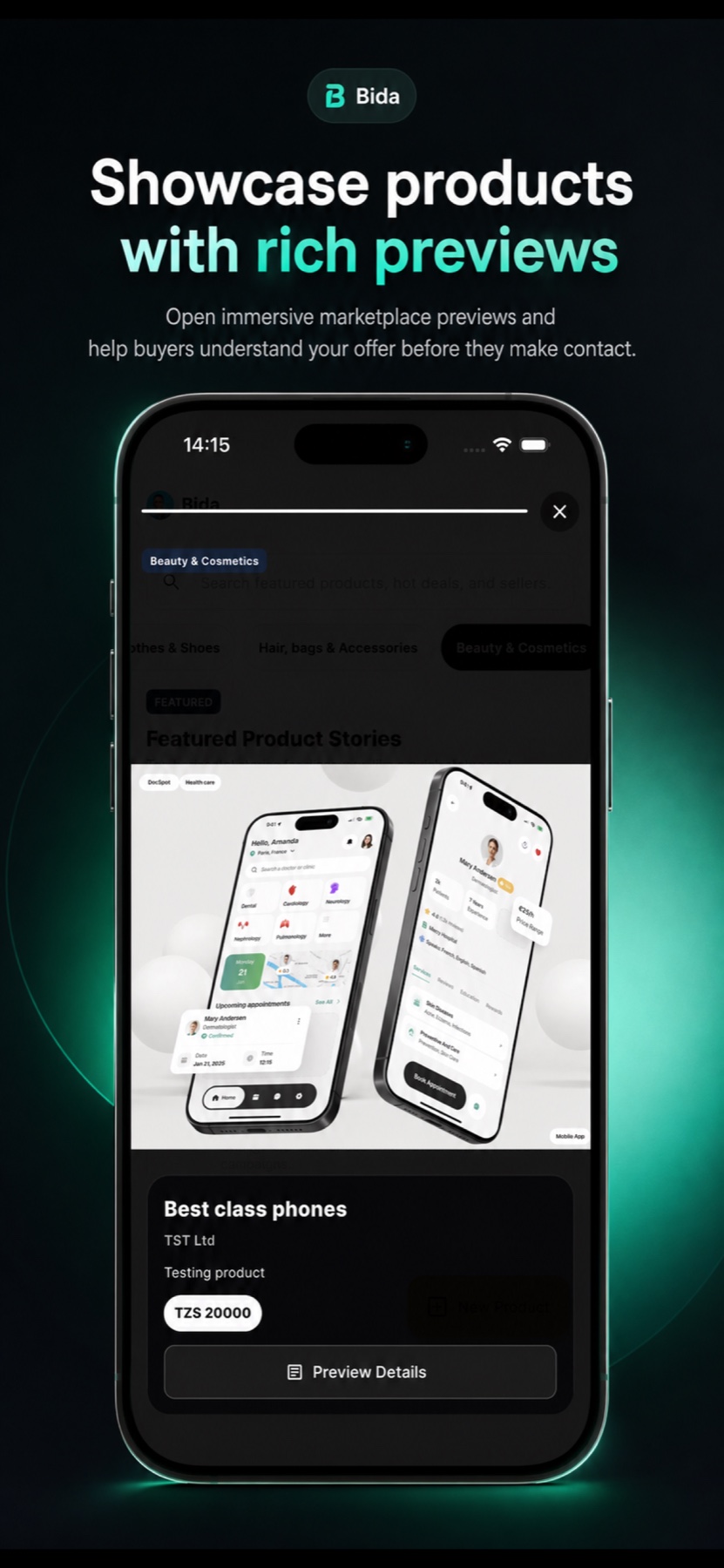Rich product marketplace preview in Bida