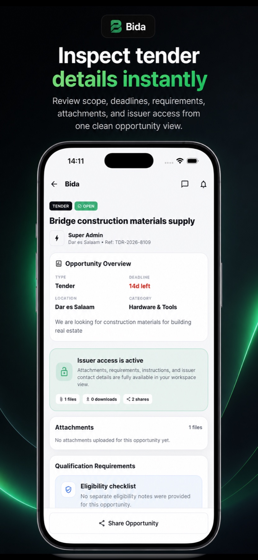 Detailed tender opportunity view in the Bida app